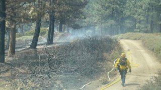 A firefighter is pictured in the Radford Fire zone near Big Bear.