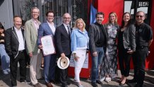 From left to right, Keith Coogan (grandson of Jackie Coogan, costar of "The Kid"), film historian and author John Bengtson, Hollywood Heritage President Brian Curran Jr., Councilman Mitch O'Farrell, Suzanne Lloyd (granddaughter of Harold Lloyd), Film Historian/Archivist Stan Taffel, Kiera Chaplin (granddaughter of Charlie Chaplin), Keaton Talmadge (great-granddaughter of Buster Keaton), and David Totheroh (grandson of Chaplin cinematographer Roland Totheroh)