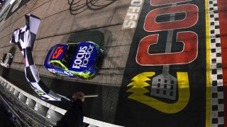 Erik Jones, driver of the #43 FOCUSfactor Chevrolet, takes the checkered flag to win the NASCAR Cup Series Cook Out Southern 500 at Darlington Raceway.