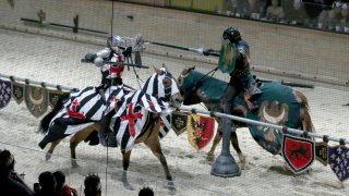 Medieval Times Dinner and Tournament, a family dinner theater featuring staged medieval-style games, sword-fighting, and jousting performed by a cast of 75 actors and 20 horses, held in Lyndhurst, New Jersey