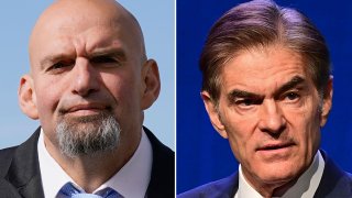 This combination of file photos shows Democratic Senate candidate, Pennsylvania Lt. Gov. John Fetterman, left, and Republican Senate candidate Dr. Mehmet Oz in 2022 photos.