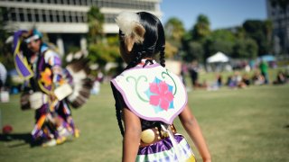 Attendees seen at the Inaugural Indigenous Peoples Day Celebration at Los Angeles Grand Park on October 8, 2018 in Los Angeles.