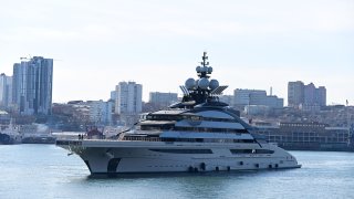 The 142-metre luxury yacht Nord, reportedly owned by Russian tycoon Alexei Mordashov, arrives in the far eastern city of Vladivostok on March 31, 2022.