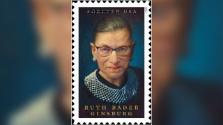 This image provided by the U.S. Postal Service shows the late Supreme Court Justice Ruth Bader Ginsburg. The U.S. Postal Service is honoring her as “an icon of American culture” with a stamp in the new year, seen in this rendering released by the agency on Monday, Oct. 24, 2022, in Washington, D.C.