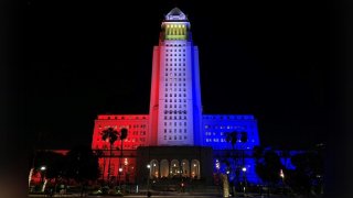 A view of LA City Hall lit up for Filipino American History Month.