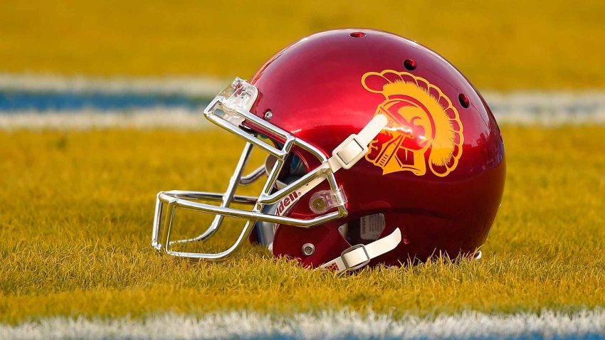 A Southern California helmet sits in the end zone prior to an NCAA college football game against UCLA, Saturday, Nov. 22, 2014, in Pasadena, Calif.