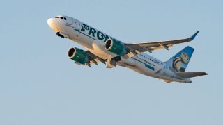 Frontier Airlines Airbus A320 takes off from Los Angeles international Airport on August 27, 2020 in Los Angeles, California.