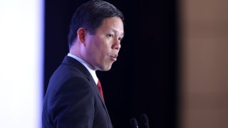 Chan Chun Sing, Singapore’s education minister delivers the keynote address at the 2022 Morgan Stanley Asia Pacific summit in Singapore.