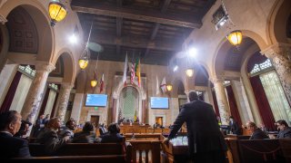 Tavis Smiley speaks during the Los Angeles City Council meeting at Los Angeles City Hall.