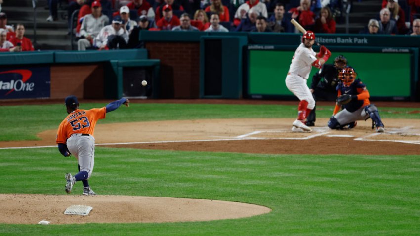 PHILADELPHIA, PA – NOVEMBER 02: Cristian Javier #53 of the Houston Astros pitches to Kyle Schwarber #12 of the Philadelphia Phillies in the first inning during Game 4 of the 2022 World Series between the Houston Astros and the Philadelphia Phillies at Citizens Bank Park on Wednesday, November 2, 2022 in Philadelphia, Pennsylvania. (Photo by Brian Garfinkel/MLB Photos via Getty Images)