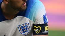 Captain Harry Kane of England wears a "No Discrimination" armband during the FIFA World Cup Qatar 2022 Group B match between England and IR Iran, Nov. 21, 2022 in Doha.