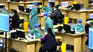 Pictured here on Dec. 28, 2022, is gymnasium-turned-fever clinic in Fuzhou, Fujian province.