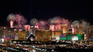 LAS VEGAS, NEVADA – JANUARY 01: Fireworks illuminate the skyline over the Las Vegas Strip during an eight-minute-long pyrotechnics show put on by Fireworks by Grucci titled “America’s Party 2020” during a New Year’s Eve celebration on January 1, 2020 in Las Vegas, Nevada. About 400,000 visitors gathered to watch more than 80,000 fireworks shoot from the rooftops of seven hotel-casinos to welcome the new year. (Photo by Bryan Steffy/Getty Images)