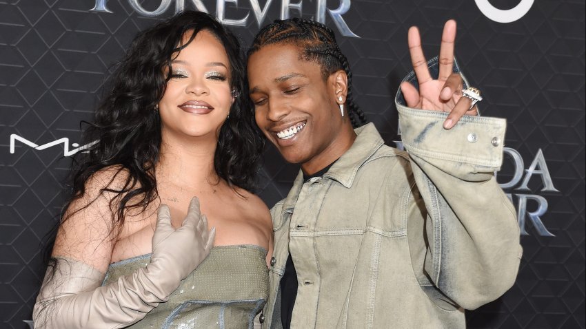 Rihanna and ASAP Rocky at the world premiere of Marvel Studios Black Panther: Wakanda Forever held at the Dolby Theatre on October 26, 2022 in Los Angeles, California. (Photo by Gilbert Flores/Variety via Getty Images)