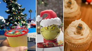 Grinch’s Heart cocktail, Grinch popcorn bucket, and pumpkin spice cupcake.