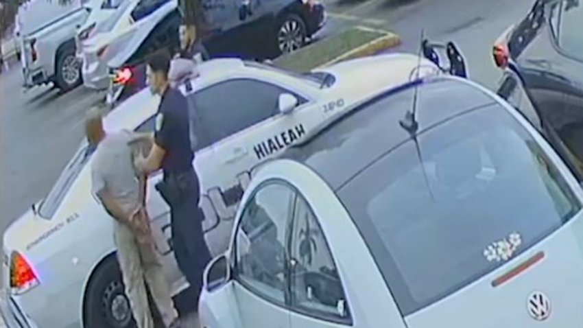 Surveillance video released by the Miami-Dade State Attorney’s Office shows Hialeah Police officers Rafael Otano and Lorenzo Orfila taking Jose Oretga-Gutierrez into custody.