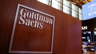 The logo for Goldman Sachs is seen on the trading floor at the New York Stock Exchange (NYSE) in New York, November 17, 2021.