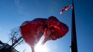 Balloon hearts float below the flag, now at half staff, in front of the Monterey Park Civic Center Monday, Jan. 23, 2023.