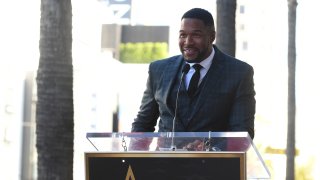 Michael Strahan speaks during his star ceremony at The Hollywood Walk of Fame on Jan. 23, 2023, in Los Angeles.