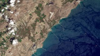 A satellite image showing the port of Ceyhan centred on August 18, 2015 in Turkey.