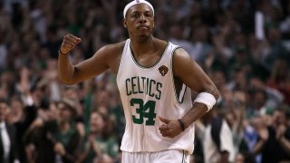 Paul Pierce #34 of the Boston Celtics celebrates after a play against the Los Angeles Lakers in the fourth quarter during Game Five of the 2010 NBA Finals on June 13, 2010 at TD Garden in Boston, Massachusetts.