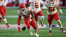 Nick Bolton #32 of the Kansas City Chiefs recovers a rumble and runs it back for a 36  yard touchdown during the second quarter against the Philadelphia Eagles in Super Bowl LVII at State Farm Stadium on February 12, 2023 in Glendale, Arizona.  