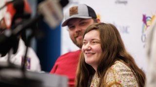 Haylee and husband Shawn smile during a news conference announcing the birth of their quintuplets at Wiser Hospital for Women and Infants at the University of Mississippi Medical Center.