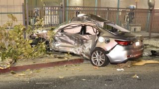 LAPD photo shows the wreckage of a car struck by an LAPD patrol car on May 6, 2021.