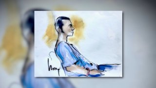 Court sketch by Mona Edwards shows Jaime Tran in U.S. District Court after he was charged with violating federal hate crime laws for a pair of shootings in West Los Angeles that allegedly targeted Jewish men.