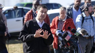 Pete Buttigieg, US transportation secretary, speaks during a news conference near the site of the Norfolk Southern train derailment in East Palestine, Ohio, US, on Thursday, Feb. 23, 2023.