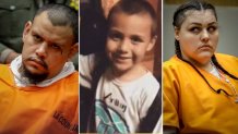 Kareem Ernesto Leiva and Heather Maxine Barron are pictured alongside a photo of the woman's 10-year-old son, Anthony Ávalos.