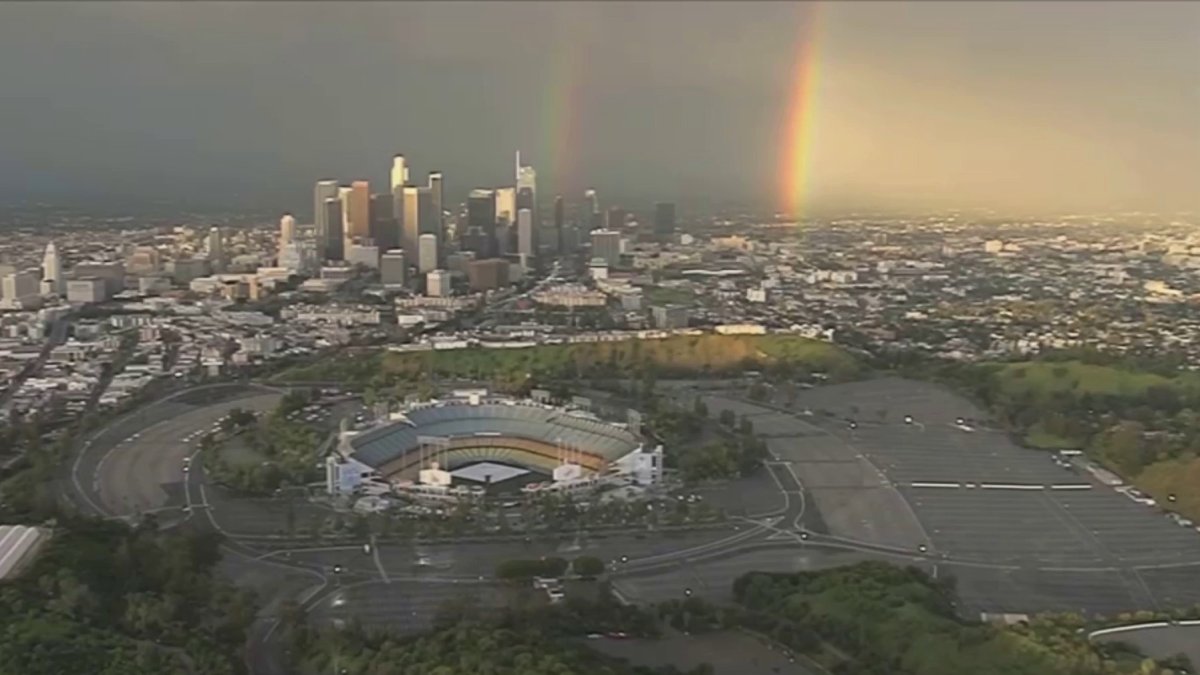 After Overnight Rain, MLB Opening Day Dawns With a Double Rainbow Behind Dodger Stadium