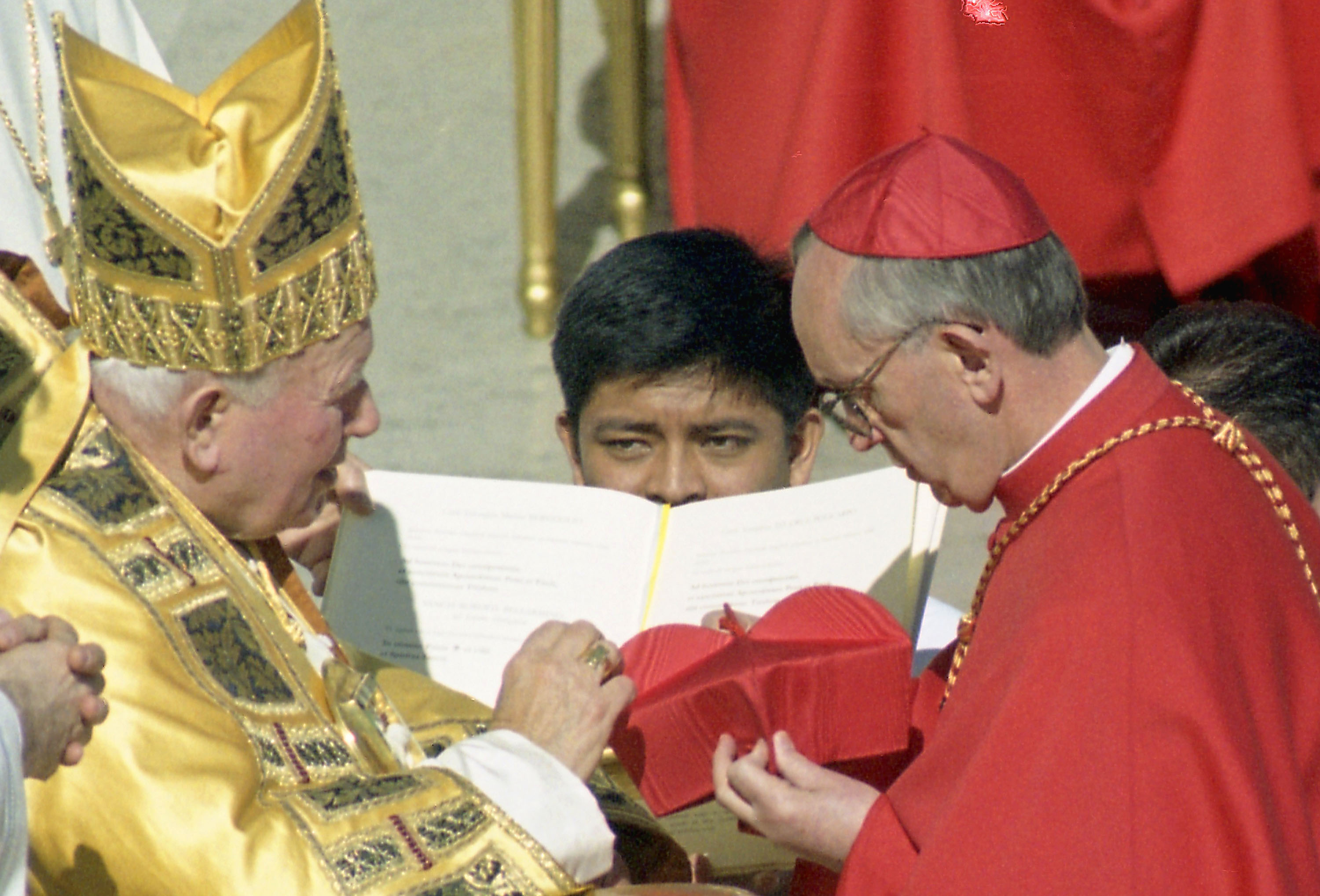 Pope John Paul II (Karol Wojtyła) names Jorge Mario Bergoglio as cardinal  during a consistory in St. Peter’s Square on Feb. 21, 2001 in Vatican City, Vatican.