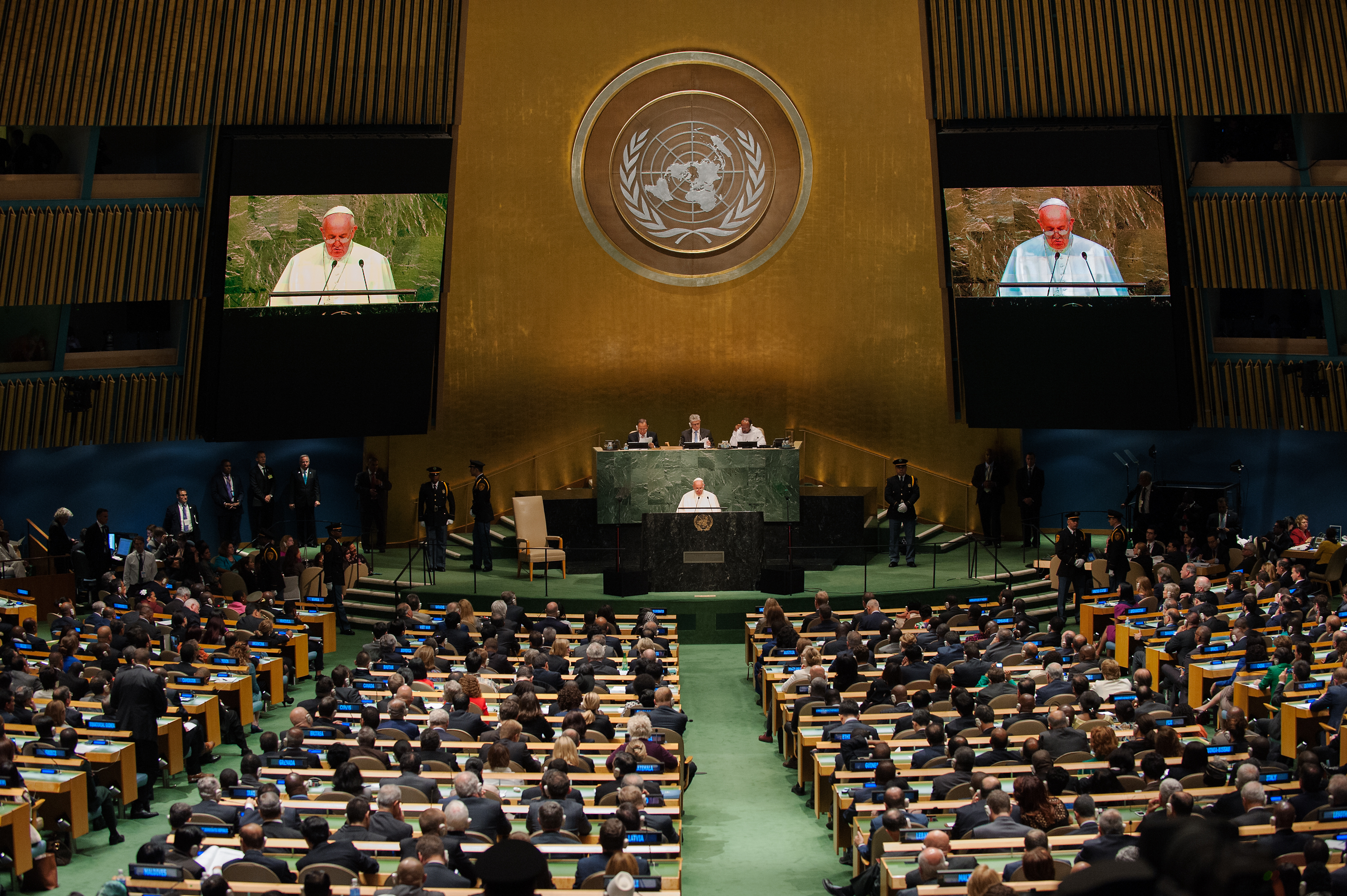 Pope Francis delivers an address to the General Assembly of the United Nations on Sept. 25, 2015 in New York City.