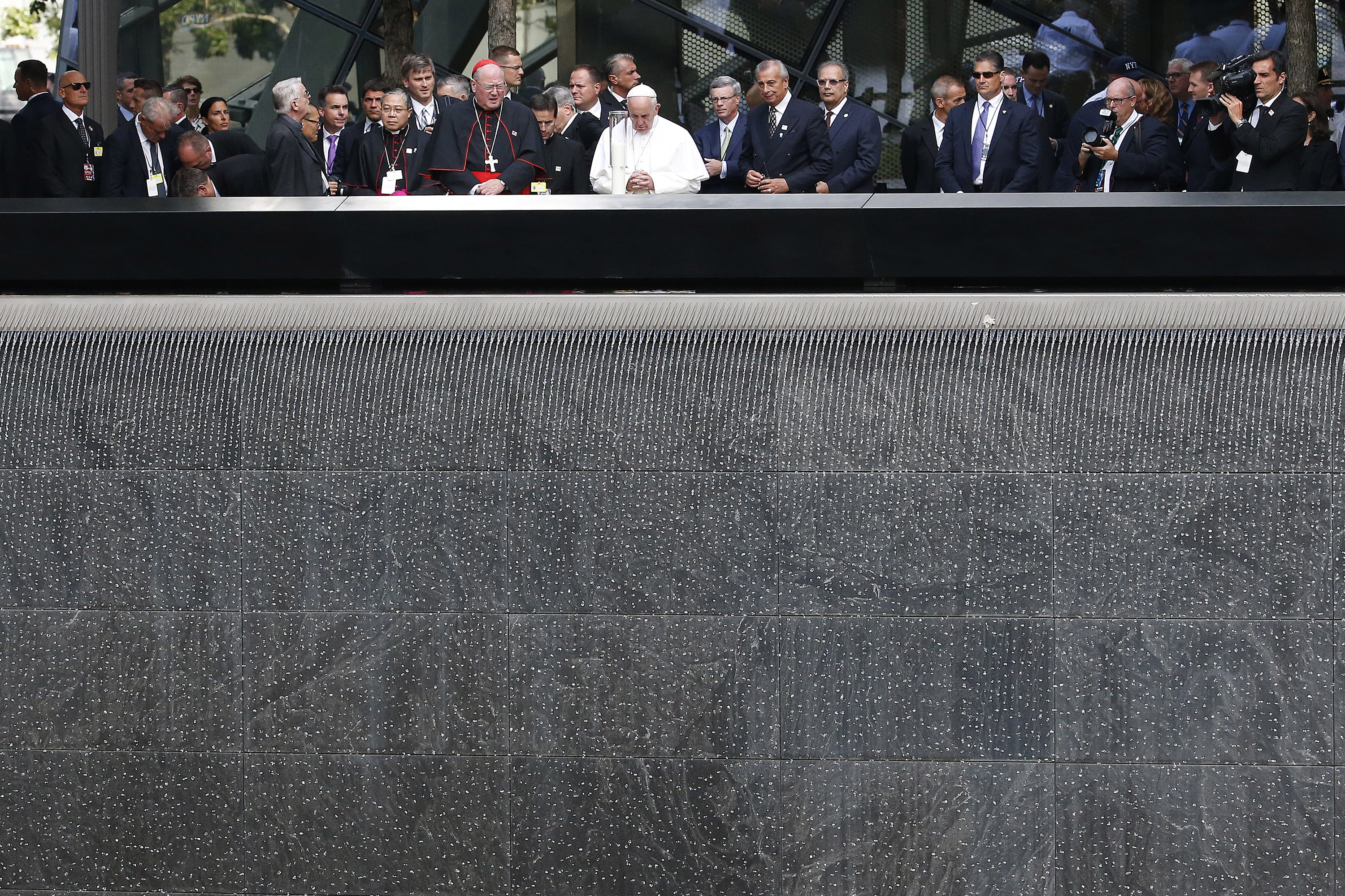 Pope Francis prays at the edge of the South Pool at the World Trade Center on Sept. 25, 2015 in New York City.