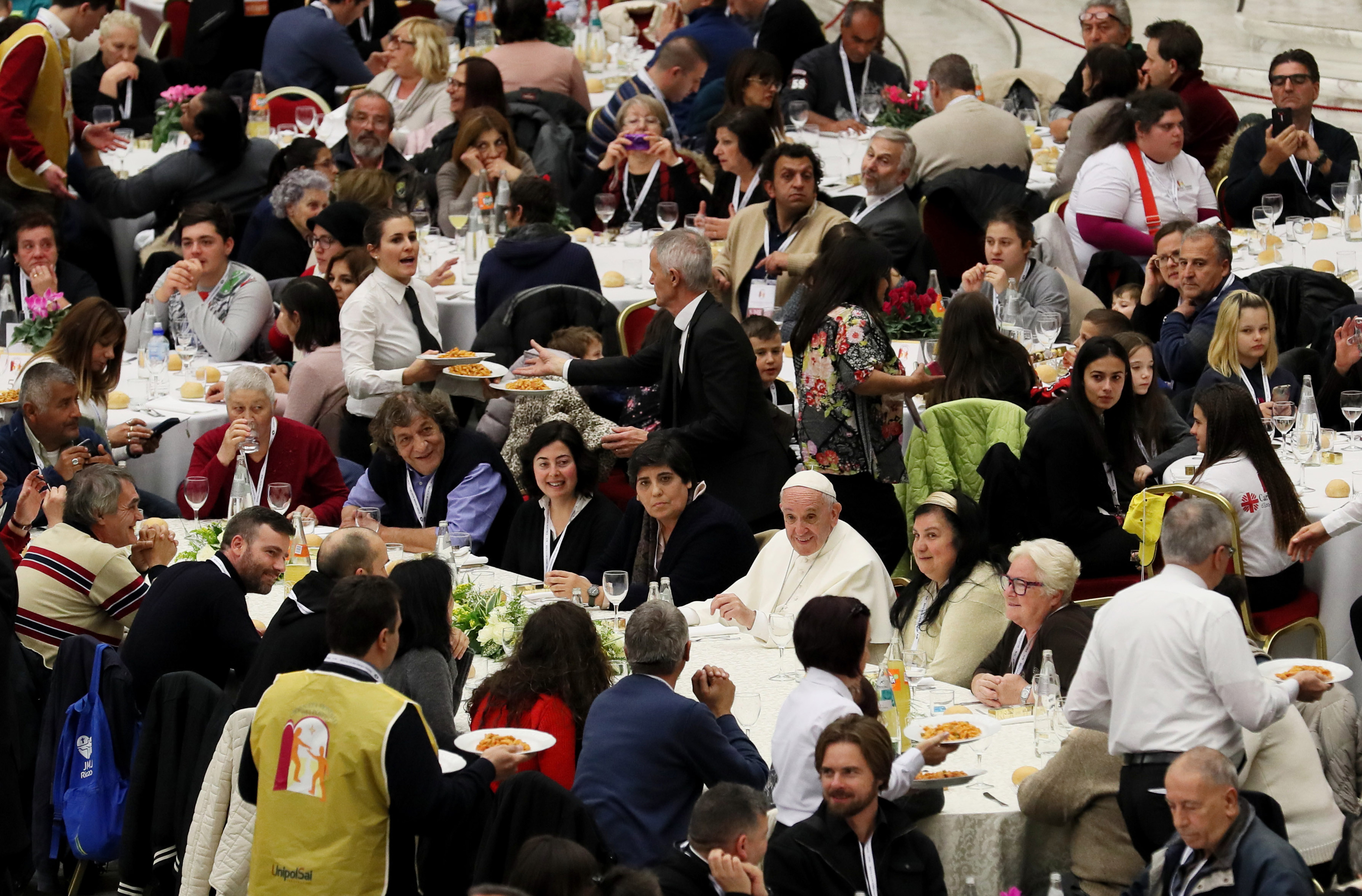 Pope Francis welcomes 1500 people in need to have lunch at Paul VI Audience Hall on the occasion of the first World Day of the Poor in Vatican City, Nov. 19, 2017