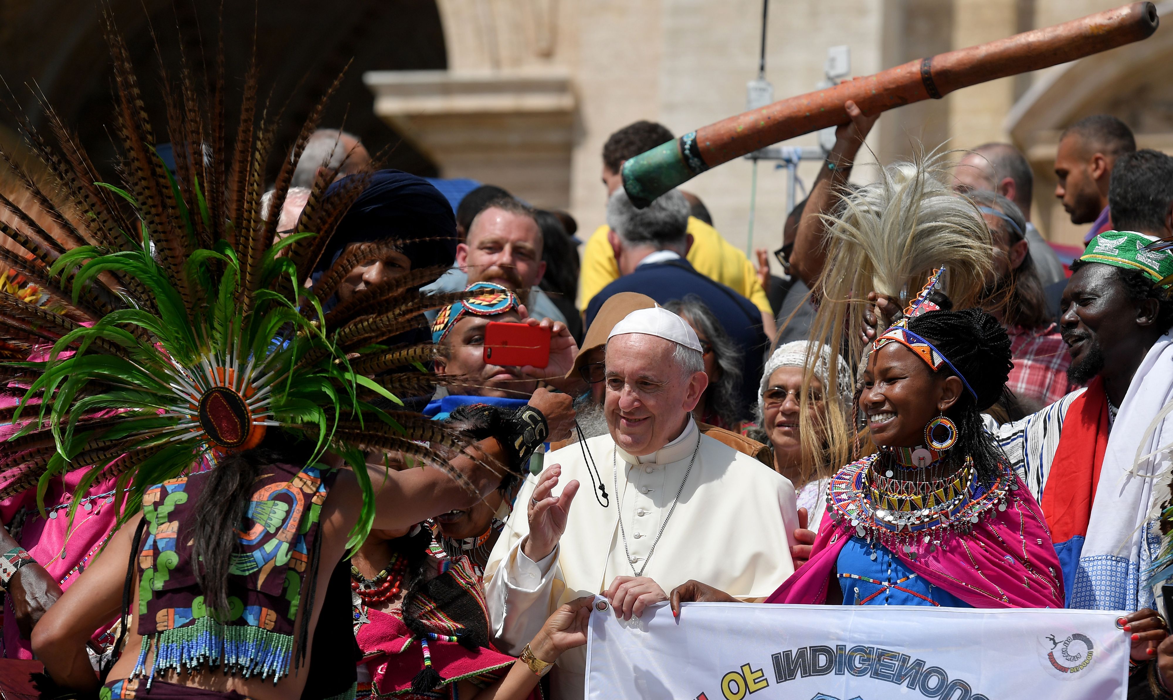 Pope Francis meets members of the International Association of Indigenous Peoples during weekly general audience in St Peter’s Square at the Vatican on May 30, 2018.