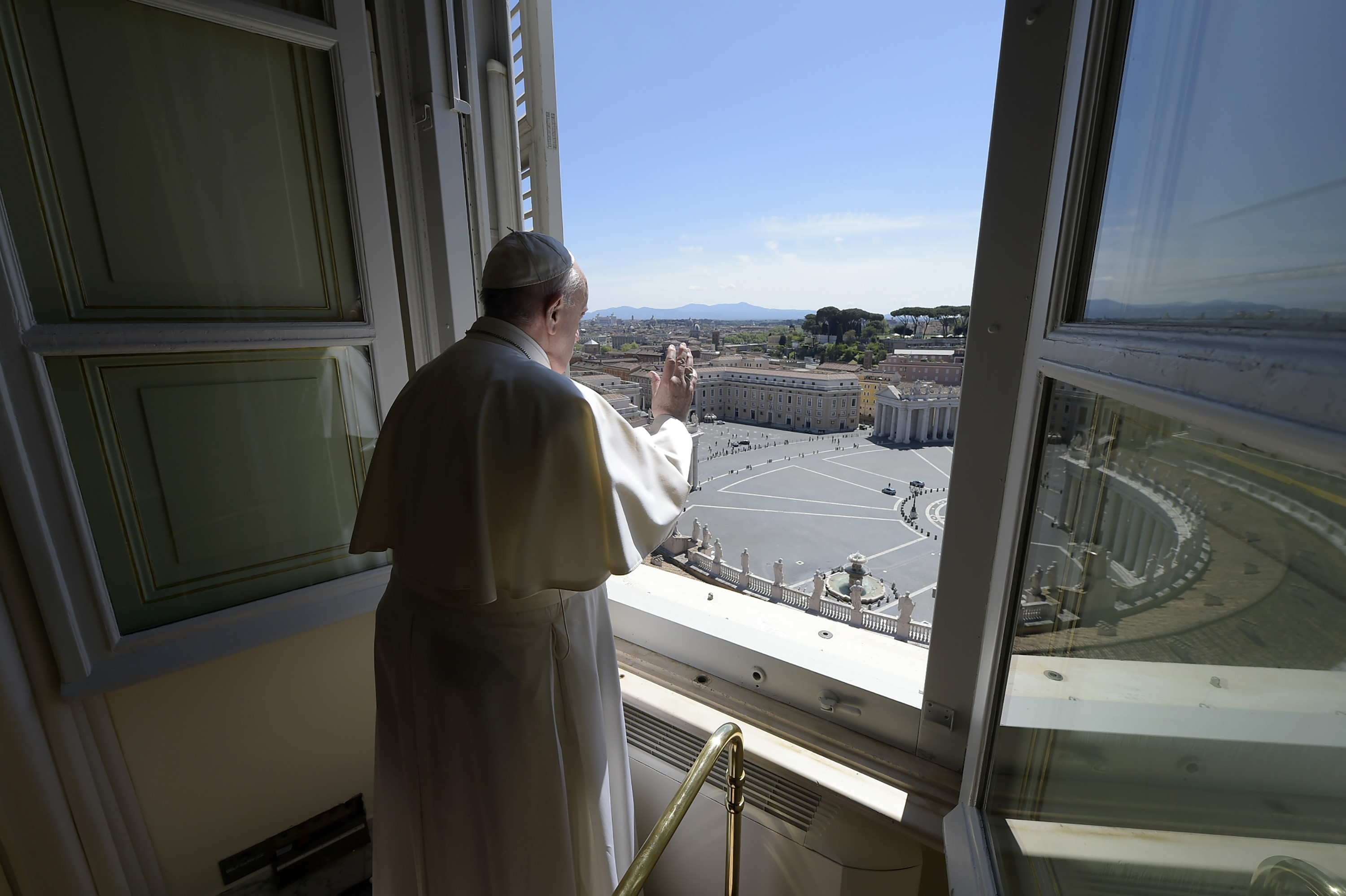 Pope Francis delivers his Sunday Angelus blessing from the window of his private library overlooking an empty St. Peter’s Square on April 26, 2020 in Vatican City, Vatican. Pope Francis’ activity continued during the lockdown due to the Covid-19 spread.