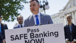 Aaron Smith, chief executive officer of the National Cannabis Industry Association, speaks during a news conference on the Safe Banking Act outside the US Capitol in Washington, D.C., US, on Wednesday, Sept. 14, 2022.