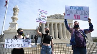 Activists for transgender rights gather in front of the US Supreme Court in Washington, DC, on April 1, 2023.