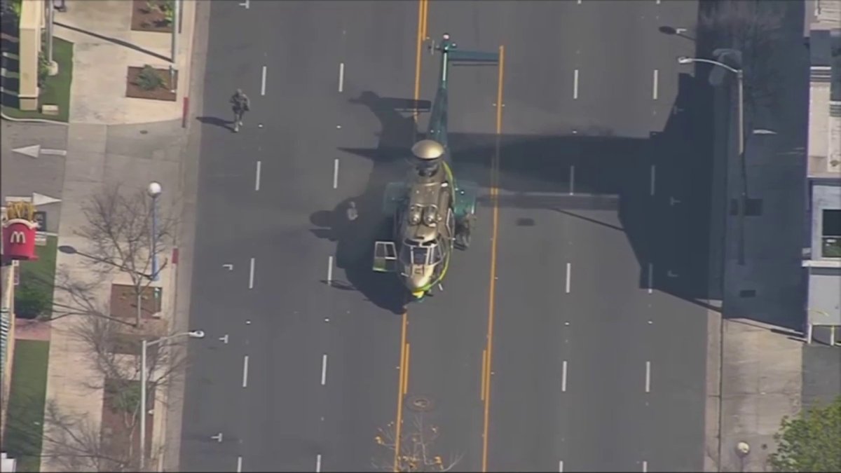 La County Sheriffs Helicopter Lands On West Hollywood Street During