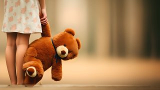 A little girl holds a teddy bear