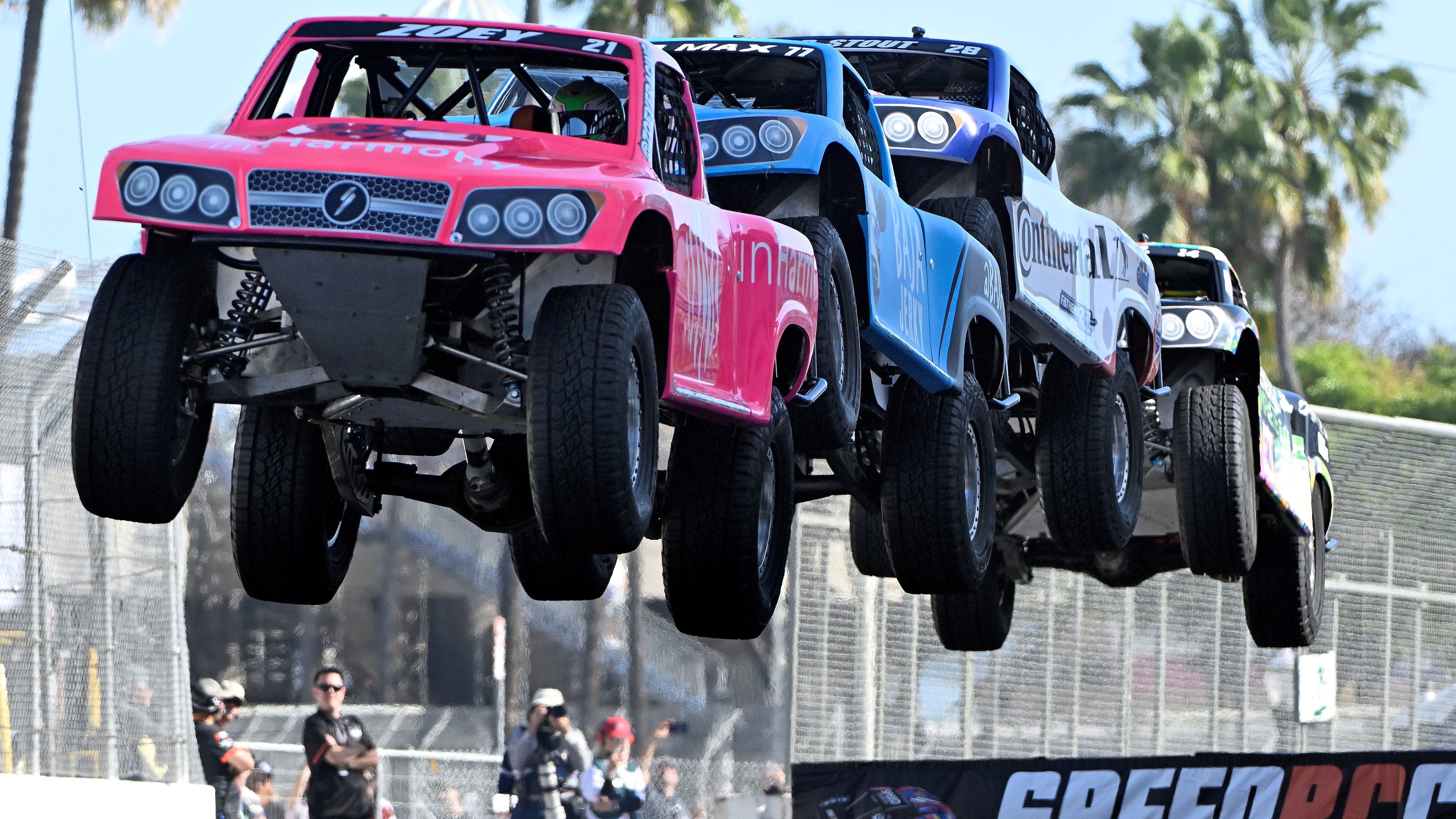 Stadium Super Truck drivers Zoey Edenholm, Max Gordon, Robert Stout and Davey Hamilton Jr. all go airborne.