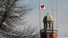 PORTLAND, ME  February 14: A heart flag flies at the Portland Observatory on Valentines Day Bandit Tuesday, February 14, 2023. (Staff photo by Shawn Patrick Ouellette/Portland Press Herald via Getty Images)