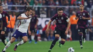 LAS VEGAS, NV – AUGUST 01: Héctor Herrera #16 of Mexico and James Sands #16 of United States battle for the ball during the CONCACAF Gold Cup 2021 final match between United States and Mexico at Allegiant Stadium on August 1, 2021 in Las Vegas, Nevada. (Photo by Omar Vega/Getty Images)