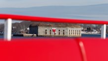 PORTLAND, ME - FEBRUARY 14: The Valentine's Bandit left an annual calling card on Fort Gorges in Casco Bay as viewed over a bench and under a rail on the ferry Machigonne II on Wednesday. (Staff photo by Ben McCanna/Portland Portland Press Herald via Getty Images)