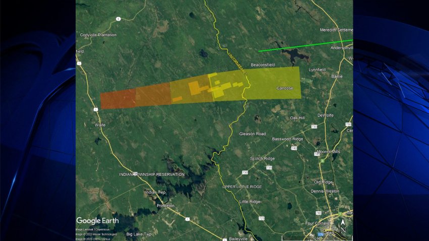 The strewn field from a meteorite that fell over Maine on Saturday, April 8, 2023. A strewn field is where debris from a falling object is believed to have landed, with heavier objects falling where red is shown and lighter ones in yellow.