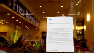 A posted announcement from the FDIC about the seizure of First Republic Bank and sale to JPMorgan Chase is displayed on a window at a First Republic Bank office on May 01, 2023 in San Francisco, California.