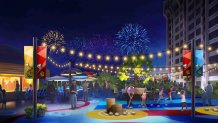 In late 2023, a family play court will be added to the deck at the Pixar Place Hotel at Disneyland Resort in Anaheim, Calif., with activities inspired by Pixar’s famous short films. Interactive games and imaginative free play celebrate favorite friends from “La Luna,” “Bao,” “For the Birds,” and “Burrow.” Guests may also enjoy food and drinks under the love-struck umbrellas from “The Blue Umbrella.” (Artist Concept/Disneyland Resort)