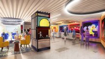 The lobby at the Pixar Place Hotel at the Disneyland Resort in Anaheim, Calif., depicted in this artist concept released May 25, 2023, will evolve over the next few months and will begin to blend beloved Pixar imagery with the hotel’s contemporary setting. When the transformation is complete, iconic images from Pixar films will be at the front desk, with characters pictured larger than life in curated artwork. (Artist Concept/Disneyland Resort)